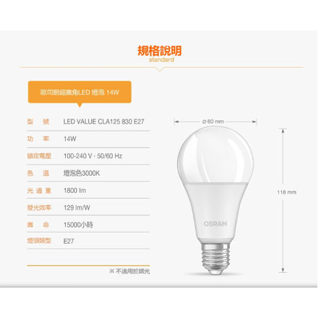 【OSRAM 歐司朗】星亮 14W無閃爍感 ，經典型 LED燈泡 (新版2020年節能標章)