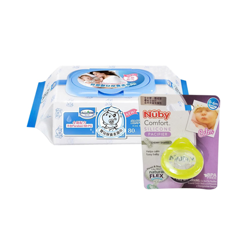 貝恩Baan NEW嬰兒保養柔濕巾80抽24入+Nuby 全矽膠櫻桃型奶嘴0-6m(顏色隨機出貨)