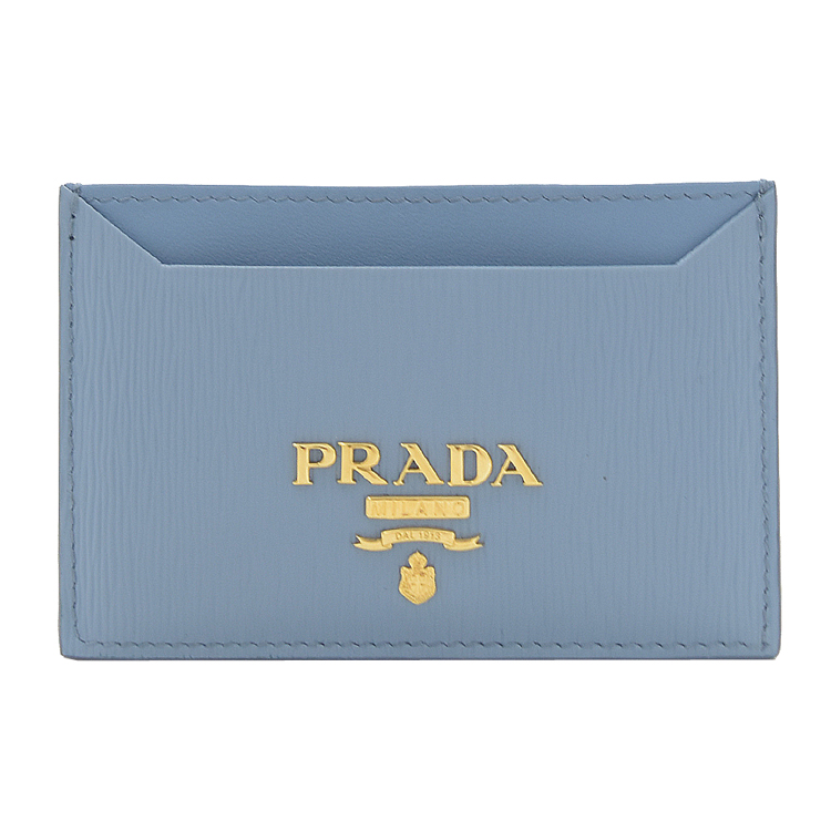 PRADA 浮雕LOGO水波紋扁式名片卡夾.淺藍
