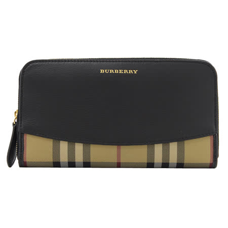 BURBERRY HORSEFERRY 格紋拼接拉鍊長夾.黑