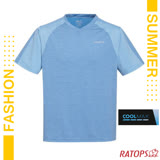 【瑞多仕-RATOPS】男款 COOLMAX V領浪花紗短袖排汗休閒上衣(肩袖配)/ DB8920 粉藍色