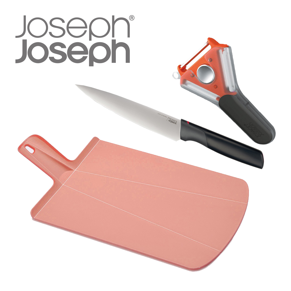 Joseph Joseph 好上手料理工具組(輕鬆放砧板-櫻花粉+3 in 1削皮刀+不沾桌主廚刀)