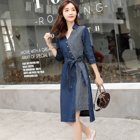 【Jisen】氣質牛仔V領中袖拼接洋裝