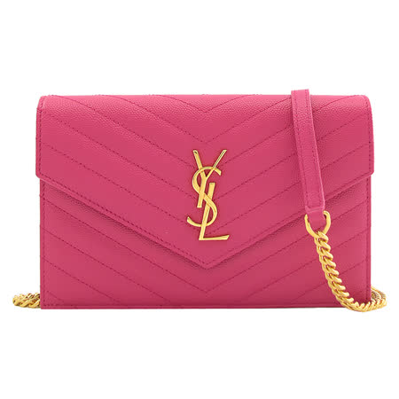 YSL SAINT LAURENT MONOGRAM 粒紋牛皮長夾式三用鍊包.桃紅