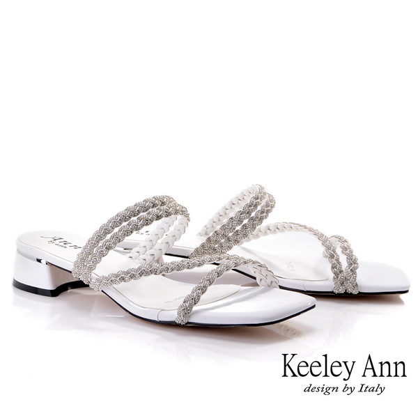 Keeley Ann夏季定番 一字編織水鑽低跟方頭拖鞋(白色021932140-Ann系列)