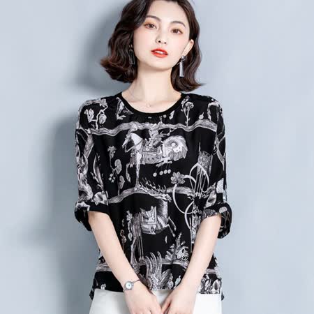 【Maya 現貨】M~4XL飄逸雪紡馬白配色法式古典印花上衣