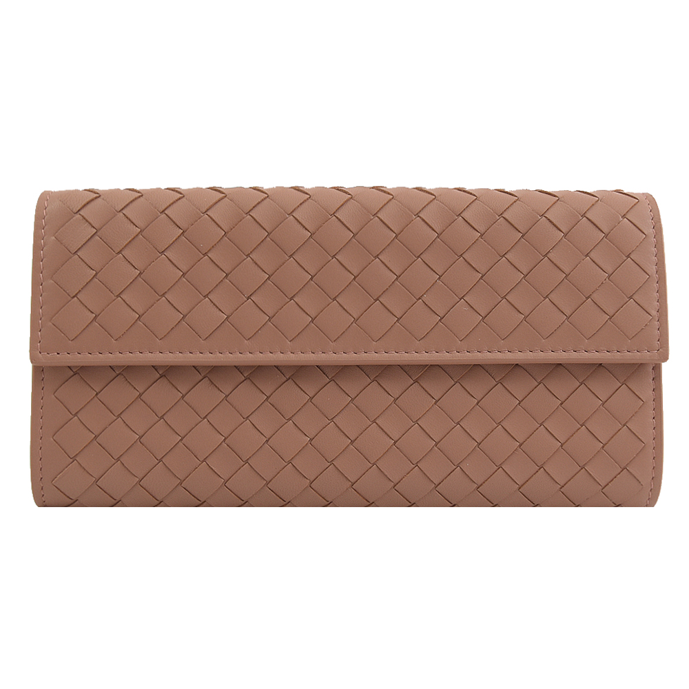 BOTTEGA VENETA 經典編織小羊皮扣式長夾.粉膚