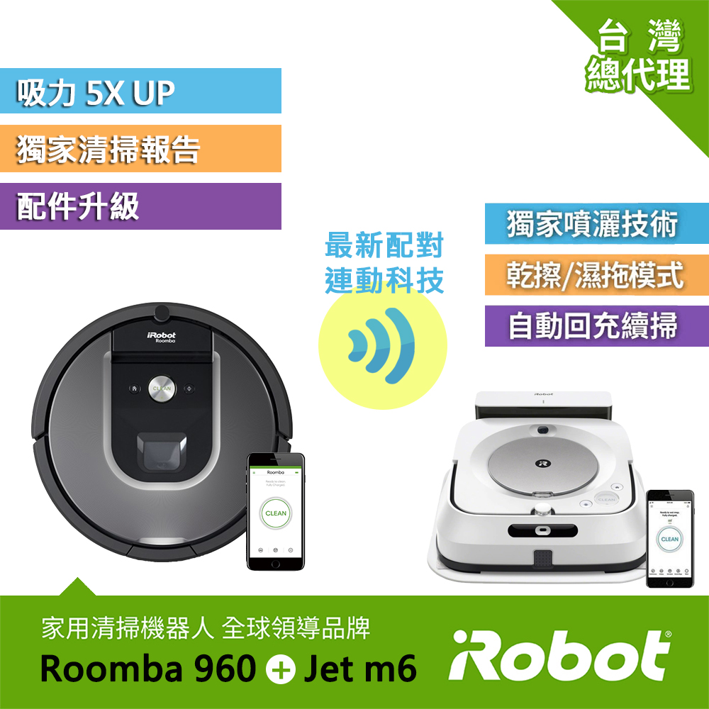 掃拖頂尖組:iRobot Roomba 960 掃地機器人+iRobot Braava Jet m6 拖地機器人
