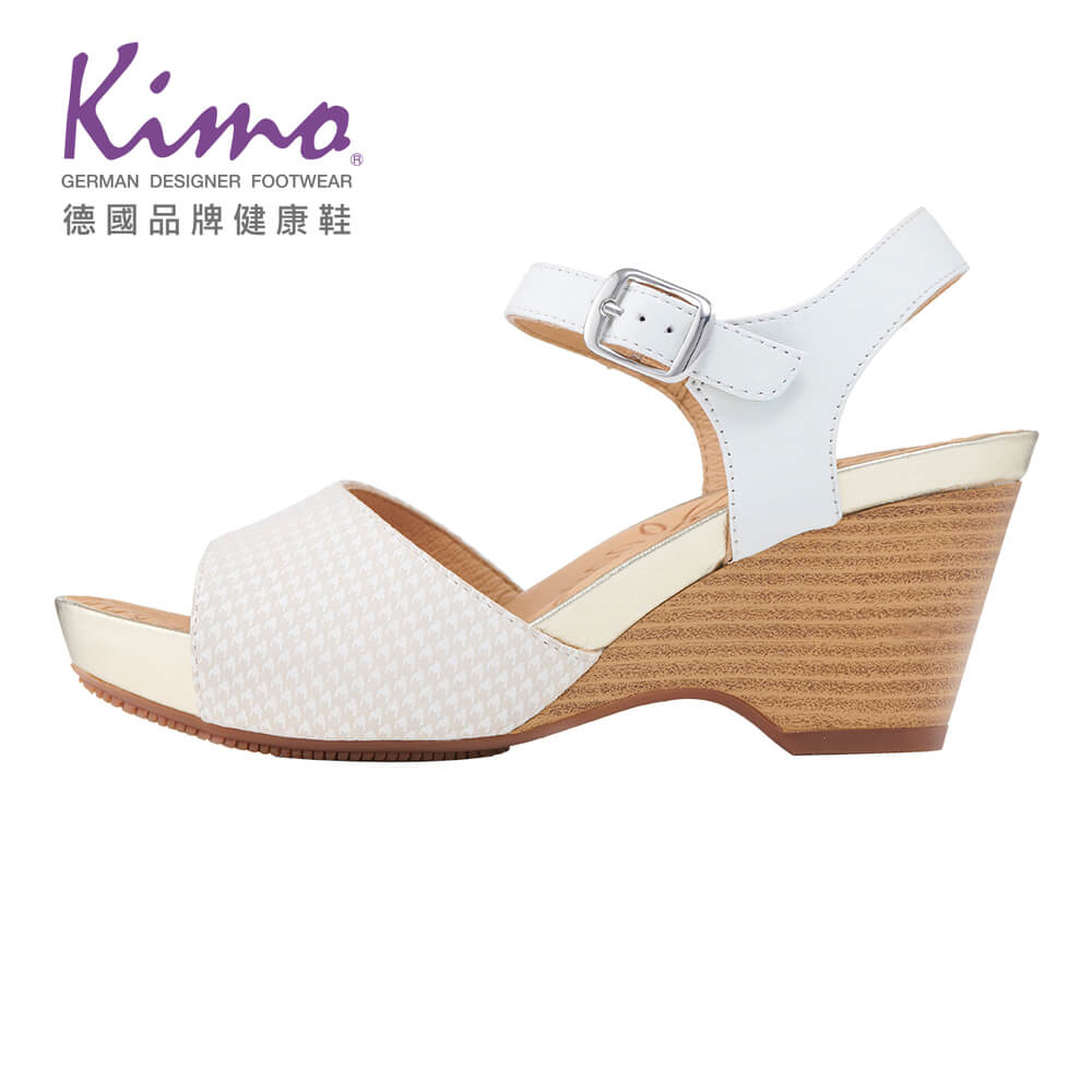 【Kimo 德國品牌健康鞋】淑女菱格紋真皮裝飾楔型涼鞋(清新白KBJSF157030)