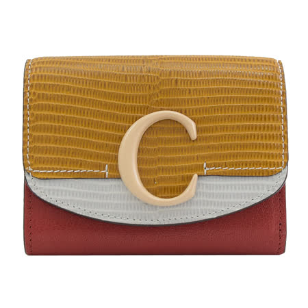 CHLOE 經典 C LOGO蟒蛇紋拼接三折零錢短夾.黃/紅
