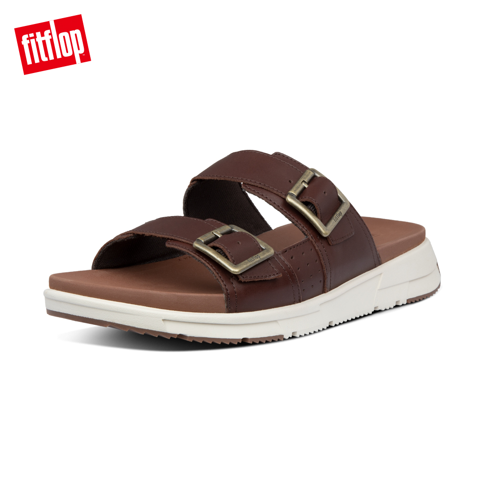 【FitFlop】ARLO ADJUSTABLE LEATHER SLIDES 經典扣環可調式涼鞋-男 琥珀棕