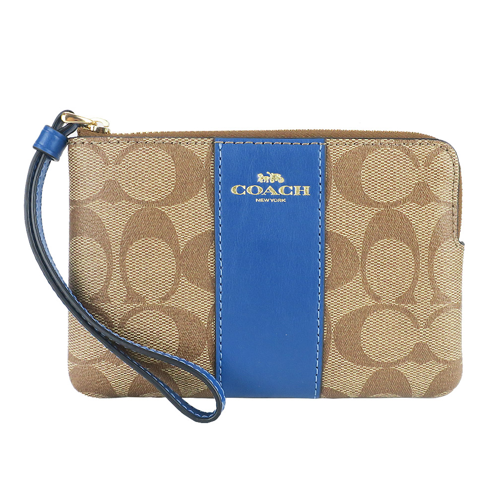 COACH 新款燙印馬車PVC直紋手拿包(卡其寶藍)