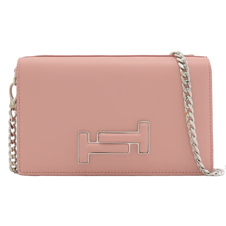 TODS DOUBLE T金屬LOGO小牛皮斜背鍊包.粉色