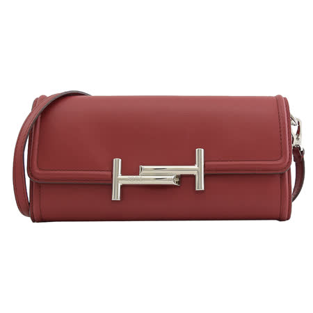 TODS DOUBLE T金屬LOGO小牛皮斜背WOC.深紅