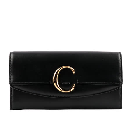 【CHLOE】C Logo 平滑小牛皮拼色翻蓋長夾(黑色) CHC19SP055A37001