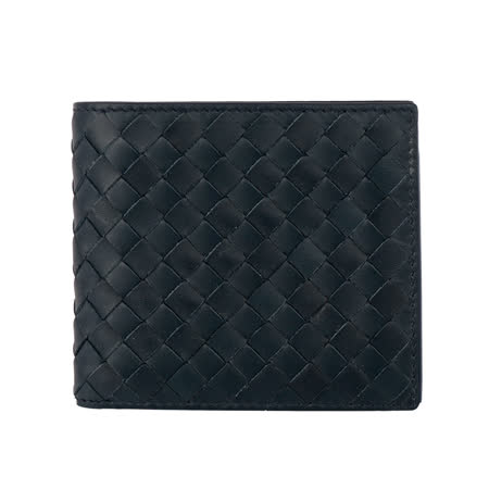 【BOTTEGA VENETA】小牛皮編織照片對開短夾(深藍)