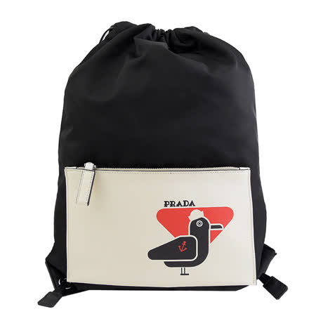 PRADA 海鷗造型束口尼龍抽繩後背包.黑