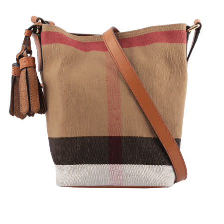 【BURBERRY】格紋棉麻混紡斜背水桶包(駝/焦糖)