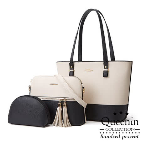 DF Queenin日韓 - 日系簡約撞色托特子母包4件組-共2色