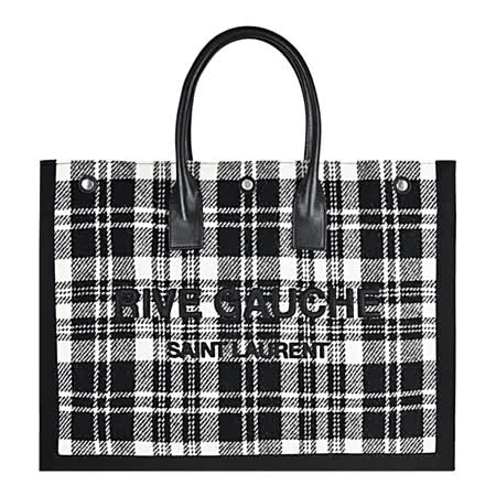 YSL SAINT LAURENT 羊毛蘇格蘭紋縫線LOGO大購物包(黑白)