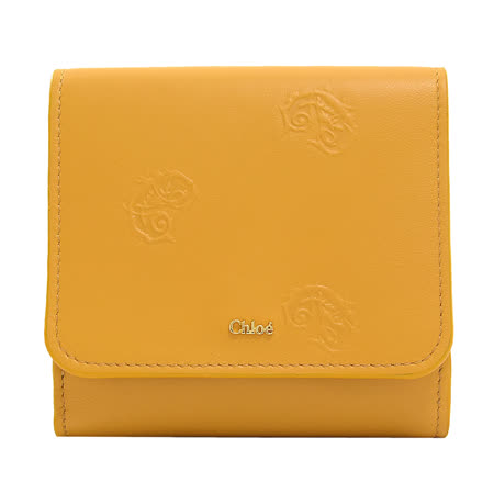 CHLOE 專櫃商品 浮雕LOGO徽章壓印小牛皮零錢中短夾.橙黃
