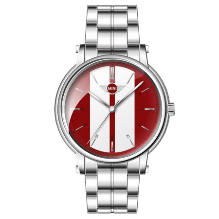 【MINI Swiss Watches 】石英錶 43mm 紅底白條錶面 不銹鋼錶帶