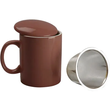 《VERSA》附蓋濾茶馬克杯(棕300ml) | 濾茶器 水杯 午茶杯 咖啡杯