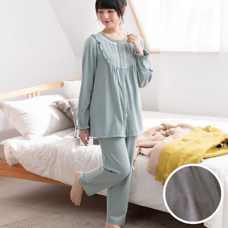 華歌爾睡衣 睡眠研究系列-茶葉炭 M-LL長袖褲裝(灰) 圓領全開襟-蓄熱升溫-遠紅外線 LWB55703FV