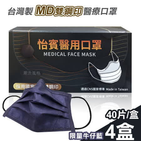 怡賓MD雙鋼印醫療級
三層口罩40片x4盒-牛仔藍