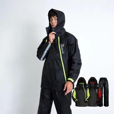 OutPerform-去去雨水走斜開雙拉鍊兩件式風雨衣 螢光綠/黑