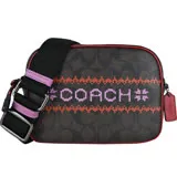 COACH 愛心LOGO緹花PVC方形相機包(巧克力X紅)