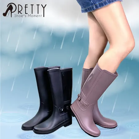 【Pretty】女 雨靴 雨鞋 長筒 素面 拼接 皮帶釦 防水