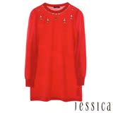 【JESSICA】氣質珠寶領拼接長版針織上衣(紅) S
