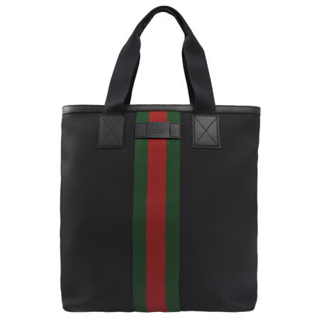 GUCCI 專櫃商品 631245 經典綠紅綠織帶帆布肩背直立托特包.黑