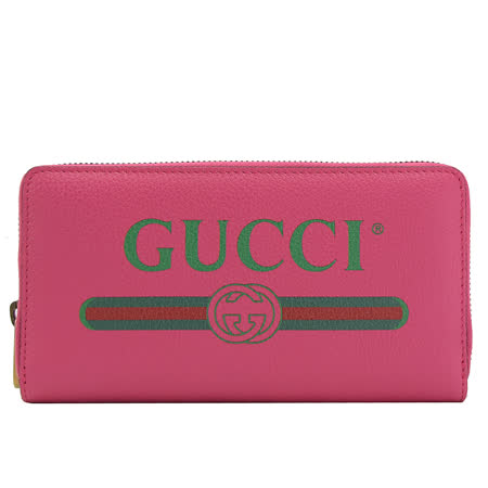 GUCCI 專櫃商品 496317 復古印刷圖騰LOGO小牛皮拉鍊長夾.桃