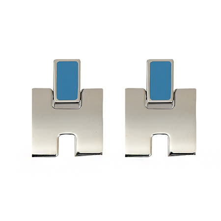 HERMES Eileen 經典H LOGO銀飾耳環.銀/天堂藍 無盒