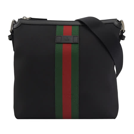 GUCCI 631199 經典綠紅綠織帶帆布斜背包.黑