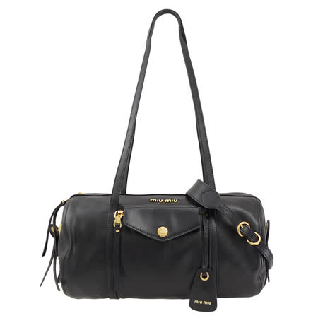 MIU MIU 專櫃商品 5BB062 浮雕LOGO牛皮兩用圓筒包.黑 大