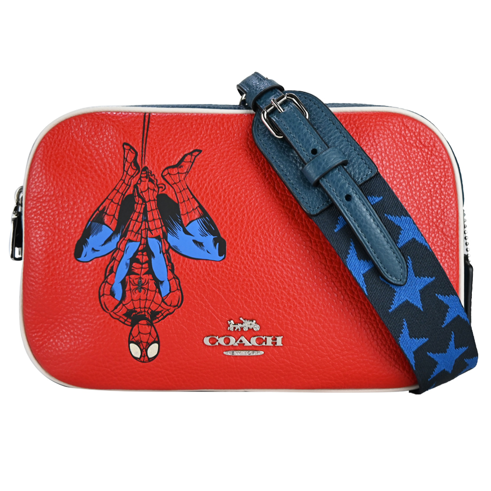 COACH MARVEL聯名蜘蛛人星星背帶雙拉鍊斜背相機包(紅)