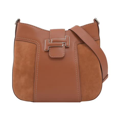 TODS 專櫃商品 DOUBLE T 小牛皮拼接麂皮肩背包.咖