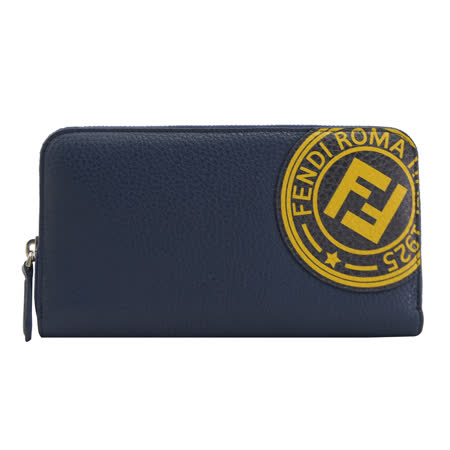FENDI 7M0210 品牌LOGO印花造型牛皮拉鍊長夾.深藍