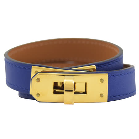 HERMES Kelly Double Tour小牛皮手環.金/閃電藍 S 無盒