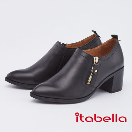 itabella．牛皮拉鍊粗跟裸靴(0798-90黑色)