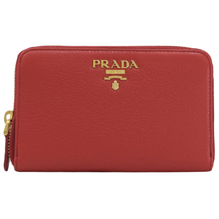 PRADA 1ML157 浮雕 LOGO荔枝牛皮拉鍊中夾.紅