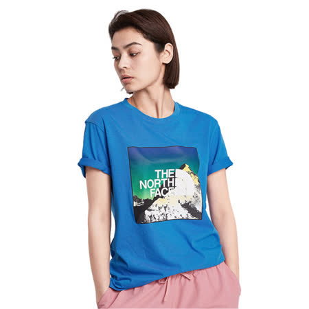 【美國 The North Face】情侶款 彷棉混紡快乾吸濕短袖圓領T恤(亞洲版型).運動休閒 /4NDF-W8G 澄湖藍 N