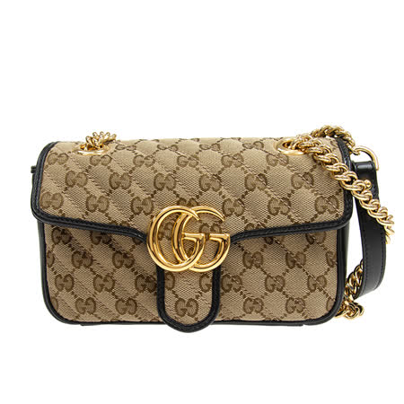 GUCCI GG Marmont 帆布GG紋縫線手提肩背包(小/卡其X黑)