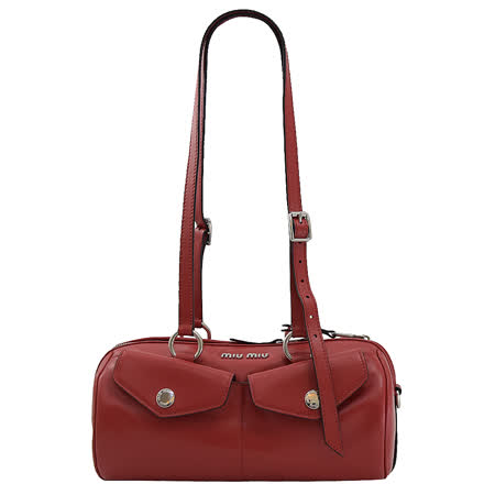 MIU MIU 5BB061 浮雕LOGO牛皮兩用圓筒包.紅