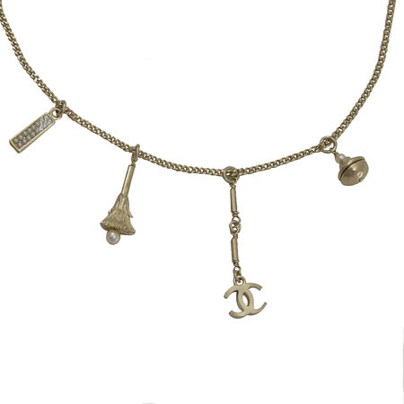 CHANEL 水鑽珍珠墜飾雙C LOGO長項鍊.金