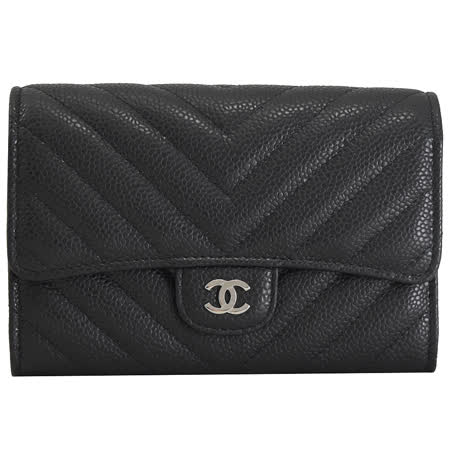 CHANEL A84403 經典LOGO山形紋牛皮中夾.黑