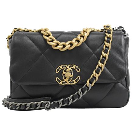 CHANEL AS1160 19系列雙C LOGO小羊皮肩背金鍊包.黑 26CM